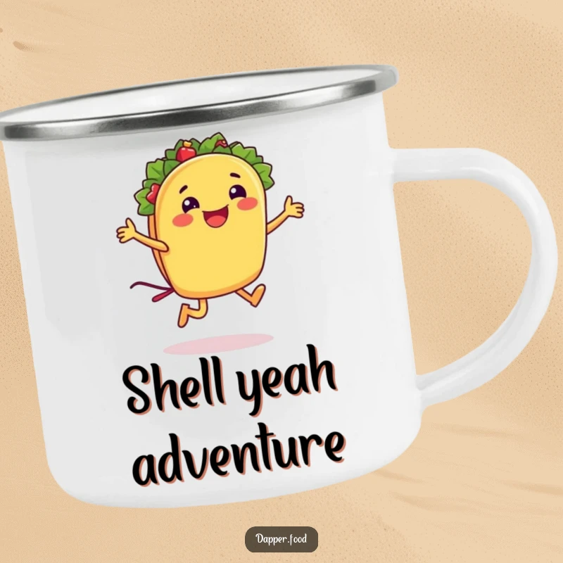 Funny taco camping mug showing a smiling taco character jumping rope with its shell, ready for outdoor adventures and laughs.