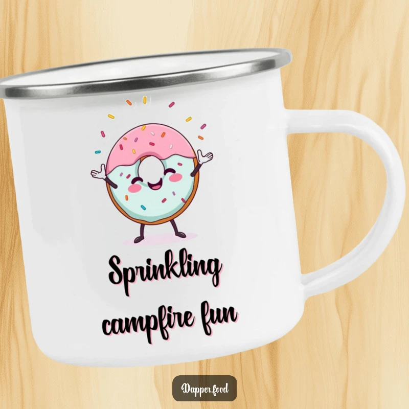 Funny donut camping mug featuring a cheerful donut character juggling sprinkles, ready for outdoor fun and sweet moments.