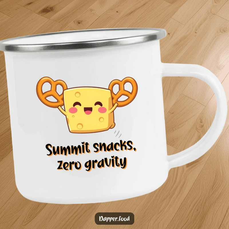 Funny cheese camping mug, a delighted wedge attempting flight with pretzel wings, ready for campfire tales.