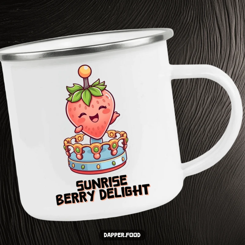 Funny Camping Mug showing a delighted strawberry character winking, joyfully spinning on a miniature merry-go-round.