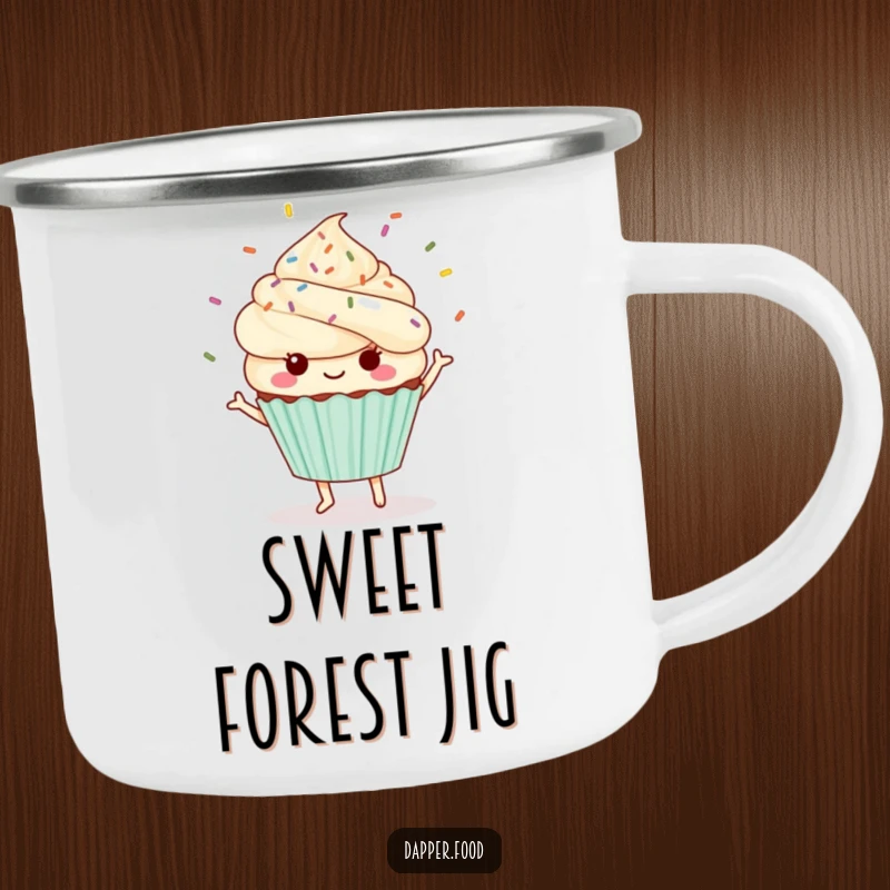 Funny Kawaii cupcake camping mug showing a cute character dancing with sprinkles flying.