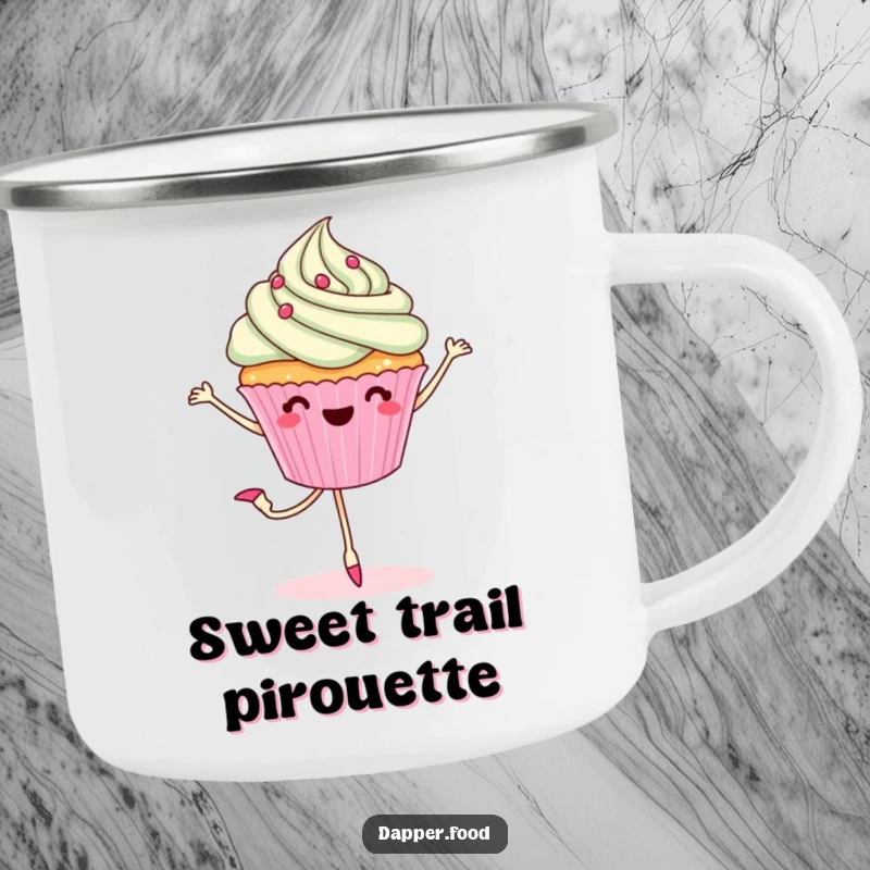Funny camping mug illustration of a cheerful cupcake with legs doing a ballet pirouette, bringing sweetness to outdoor settings.