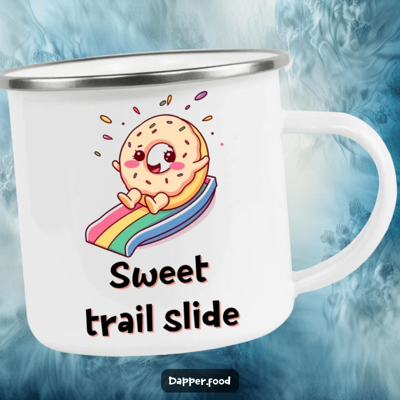 Funny camping mug featuring a cheerful donut character with sprinkles flying as it slides down a rainbow, durable and humorous for adventurers.