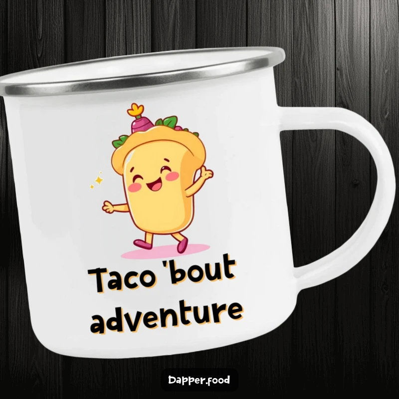 Funny camping mug with a smiling taco character dancing happily with castanets, bringing fiesta vibes to the great outdoors.