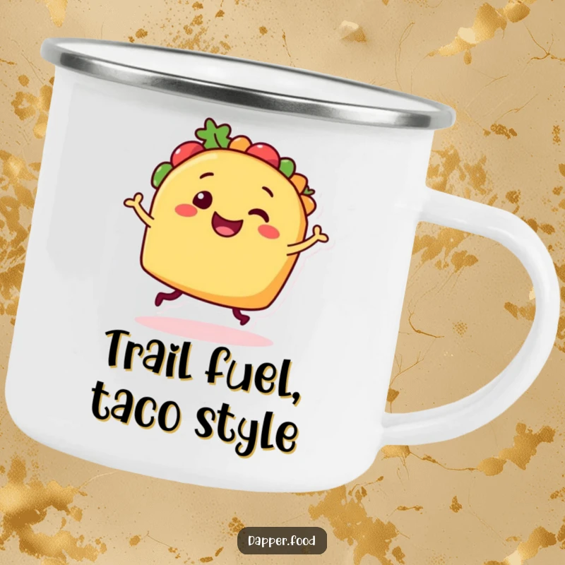 Funny Taco Dancer Camping Mug: A smiling taco character performing a joyful dance, perfect for outdoor adventures and humor.