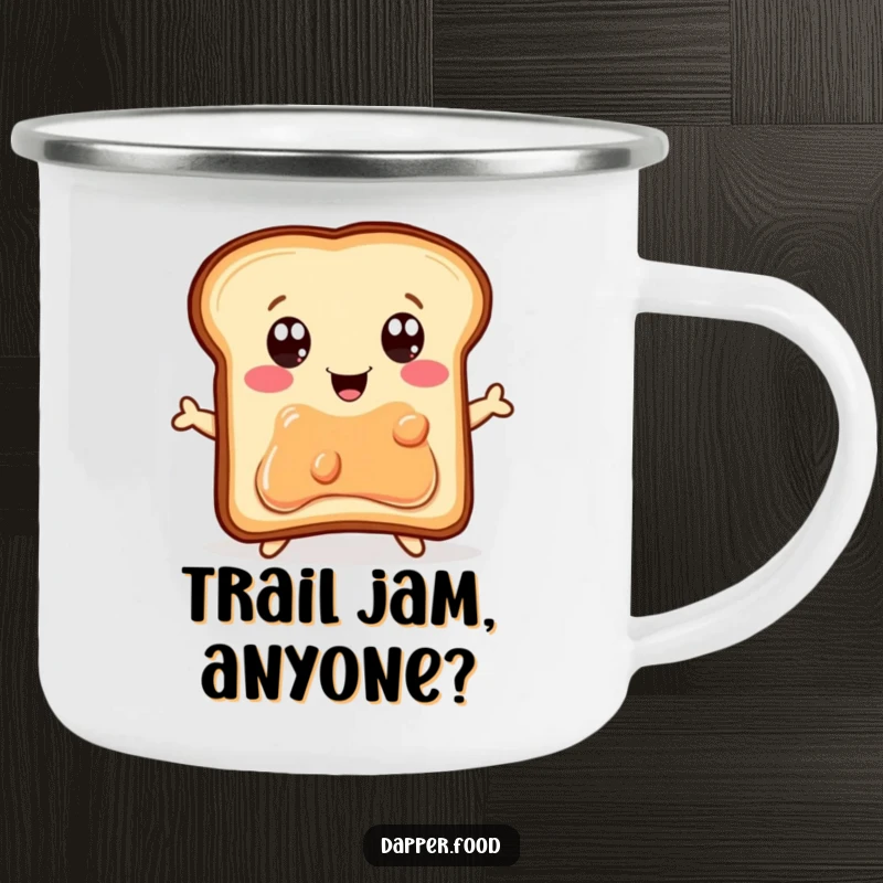 Funny Camping Mug: A delighted piece of toast with eager eyes jumps for a jelly jar, ready for breakfast adventures.