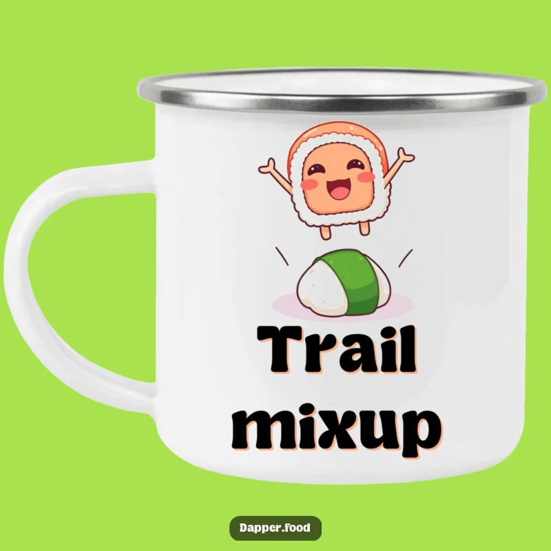 Funny Sushi Leap Camping Mug: Adventure Fuel with a Sushi Jumping Over Wasabi
