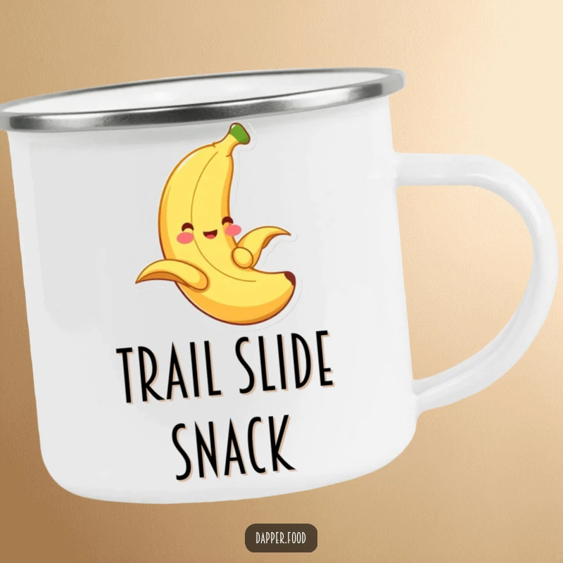 Funny banana camping mug, a smiling fruit sliding down its peel, ready for outdoor fun.
