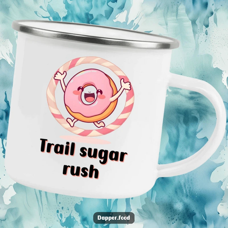 Funny donut camping mug, a gleeful pastry jumping through a candy hoop, ready for sweet campfire stories.