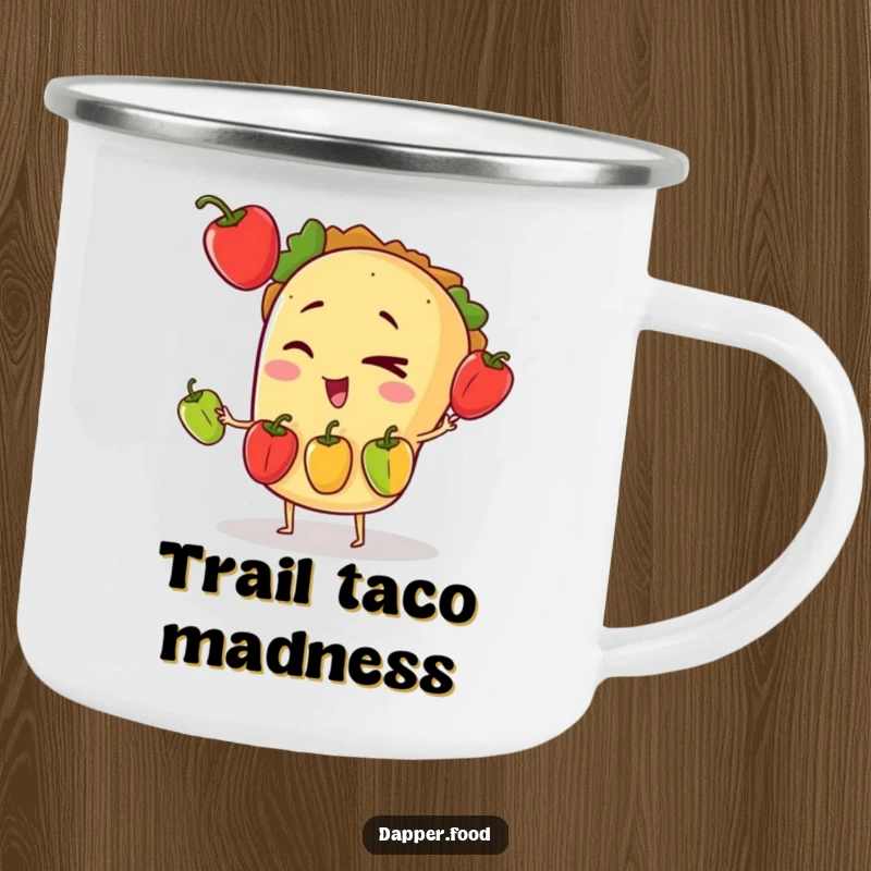 Funny enamel camping mug featuring a winking taco character juggling three tiny bell peppers under a starry night sky.