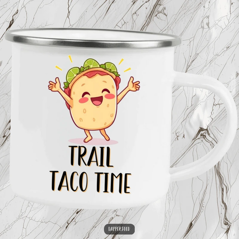 Funny camping mug illustrating a cheerful taco doing a lively victory dance with lime wedges, ideal for outdoor celebrations.
