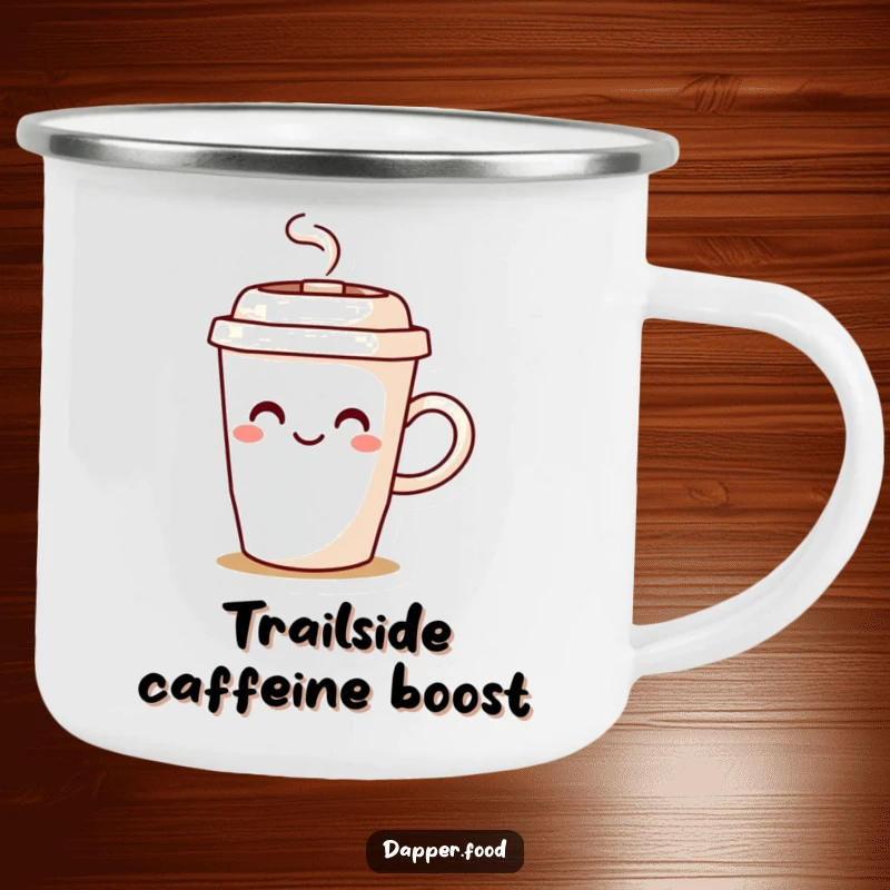 Funny coffee cup camping mug with a lid-hat character joyfully spilling steam, ideal for warm drinks on adventures.