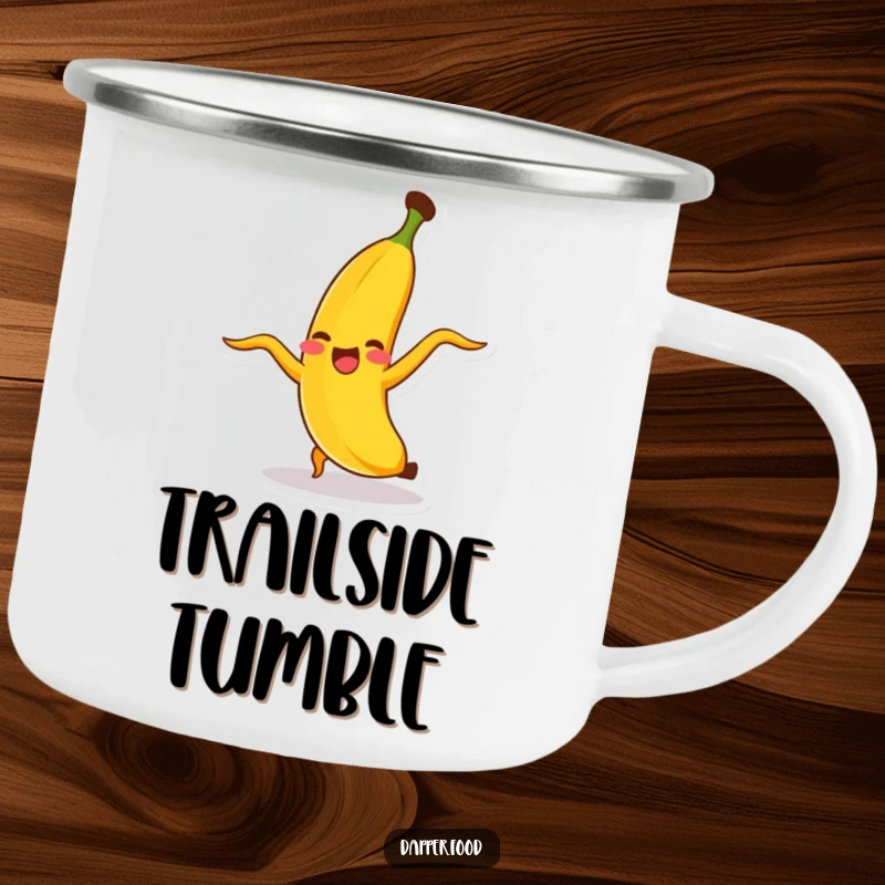 Funny giggling banana character doing a cartwheel, peel flying, on a sturdy camping mug for outdoor enjoyment.