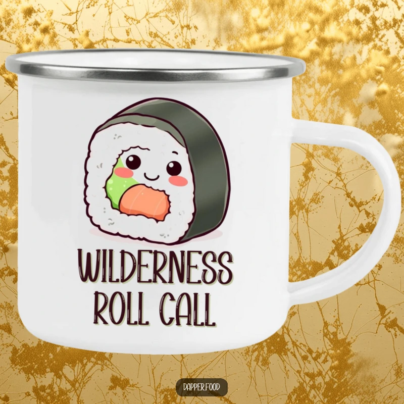 Funny Sushi Roll Camping Mug: A smiling sushi character rolling along, ideal for outdoor enjoyment and humor.