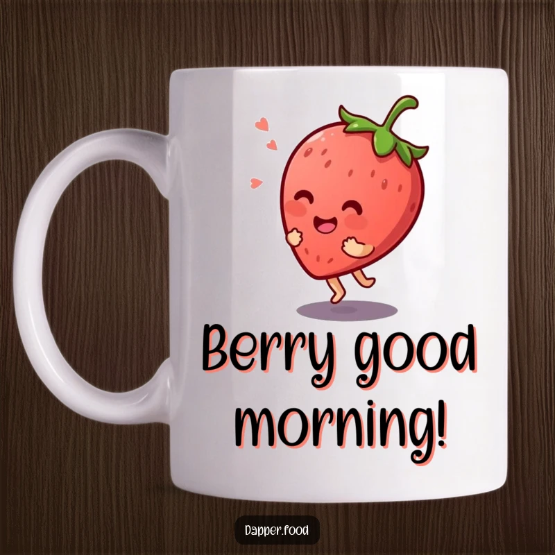 Funny Kawaii strawberry character giggling uncontrollably while bouncing energetically on its stem, printed on a mug.
