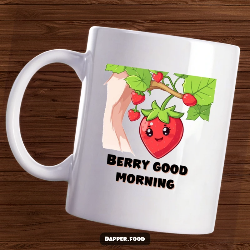 Funny strawberry character with bright eyes smiling and swinging from a vine, representing joy and fruity fun.
