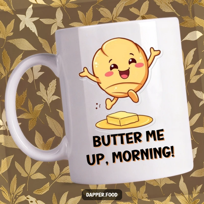 Funny croissant mug, a cheerful pastry character grinning and leaping over a butter puddle, perfect for a funny gift.