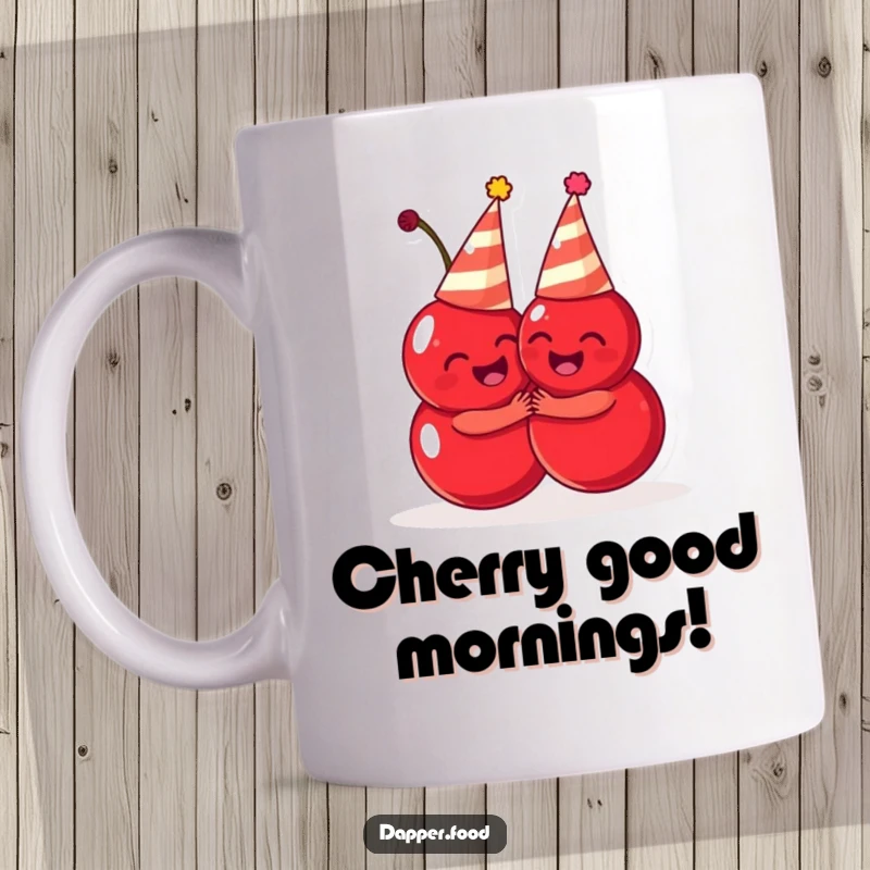 Funny cherries mug, two happy cherries in party hats hugging, conveying pure joy, perfect funny gift.