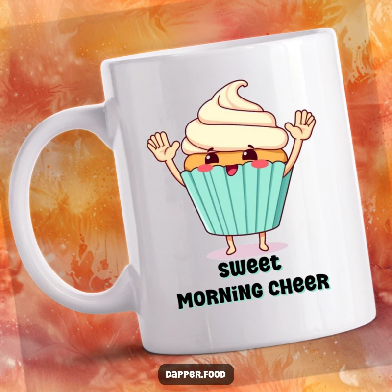 Funny Mug featuring a giggling cupcake character with tiny arms, giving a giant high-five.