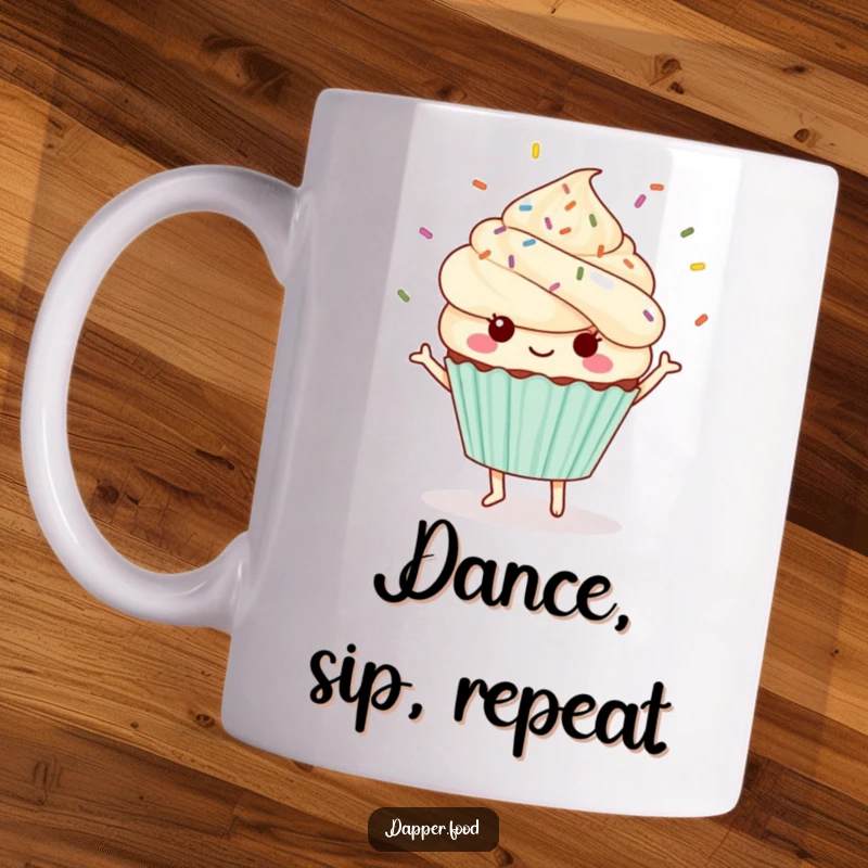 Funny Kawaii cupcake mug featuring a cute character with sprinkles flying while doing a happy dance.