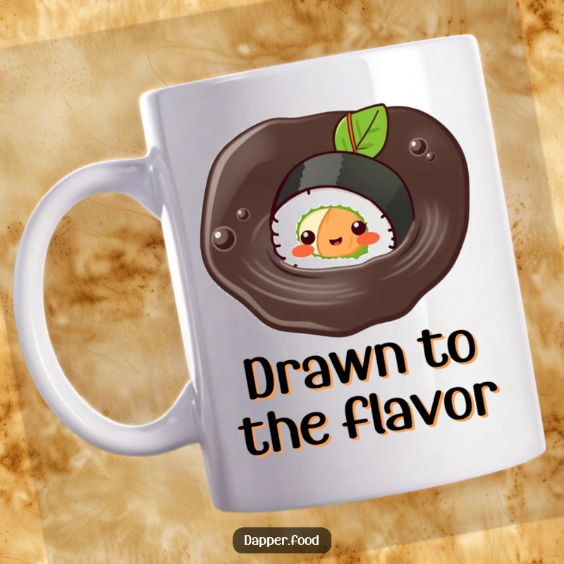 Funny Kawaii sushi roll mug featuring a cute sushi character happily swimming in a puddle of soy sauce.
