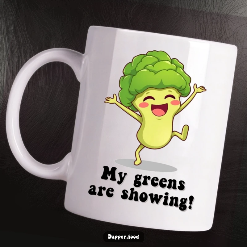 Funny broccoli floret character giggling while performing an energetic cartwheel, perfect for a humorous kitchen mug gift.
