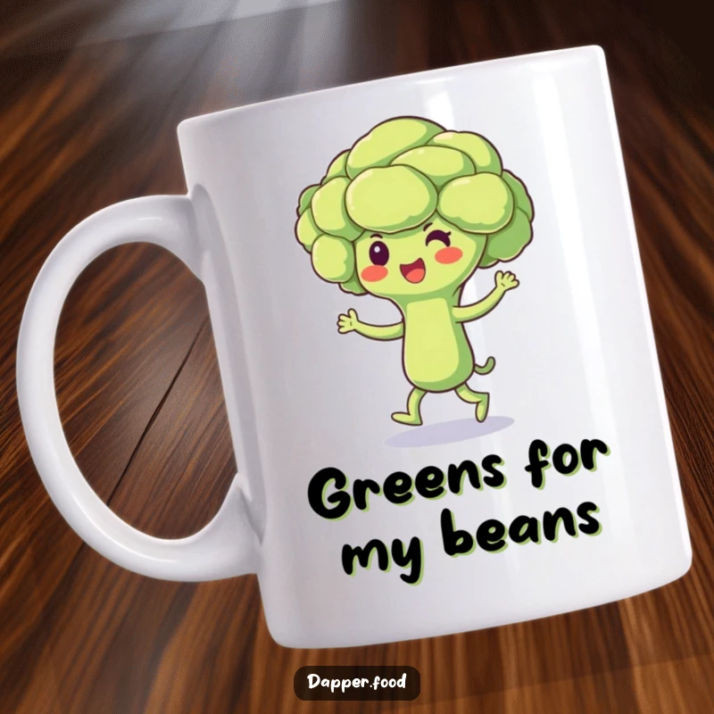 Funny Broccoli Mug featuring a beaming broccoli floret character joyfully doing a little jig, bringing healthy humor to your coffee break.
