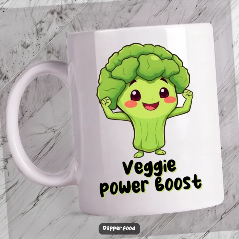 Funny Mug featuring a smiling broccoli character with a determined expression, flexing miniature muscles.