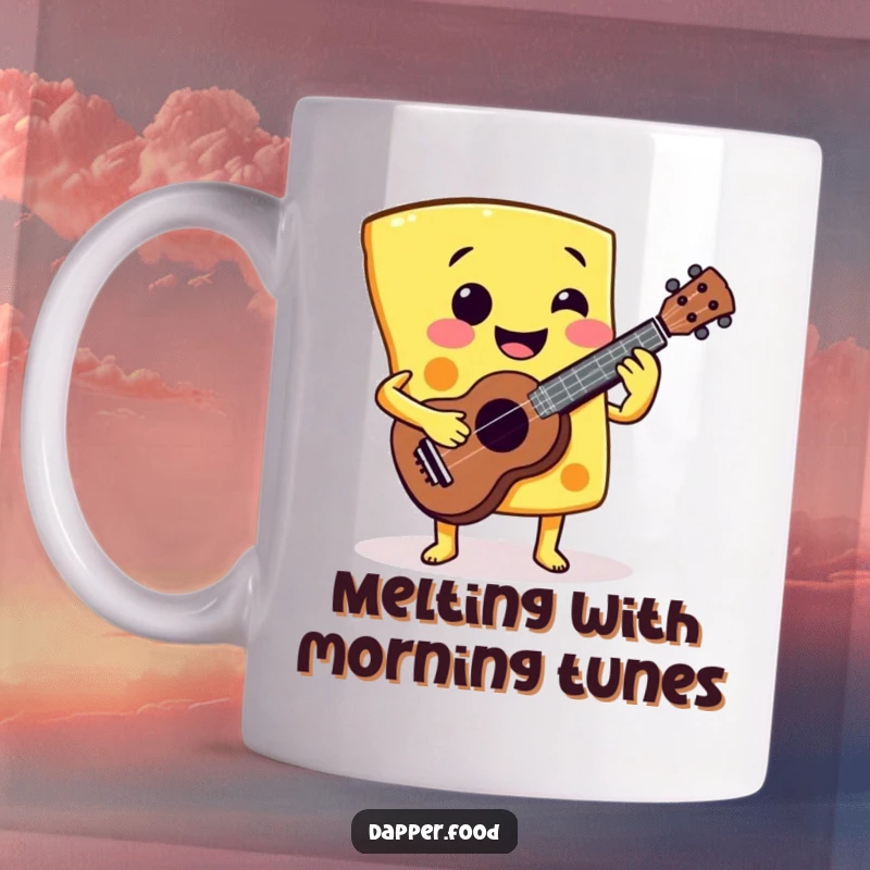 Funny Cheese Ukulele Mug: A smiling cheese slice playing a miniature ukulele, a cheesy and funny gift.