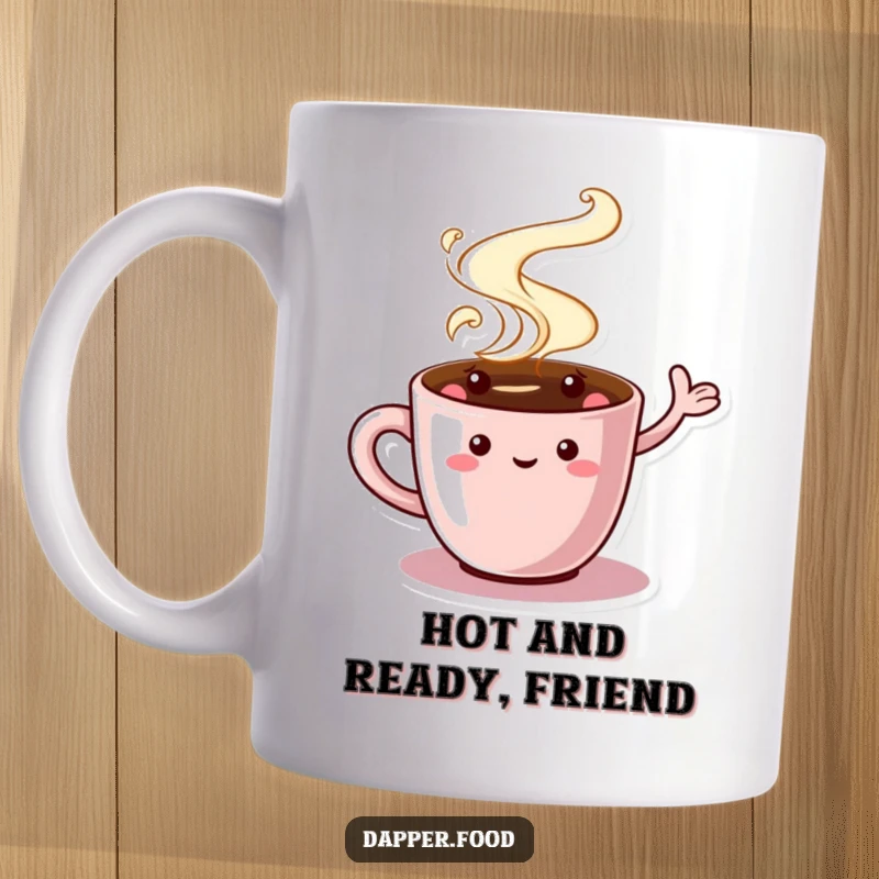 Funny Coffee Cup Mug featuring a charming character with swirling steam, waving hello, perfect for a delightful and humorous coffee experience.