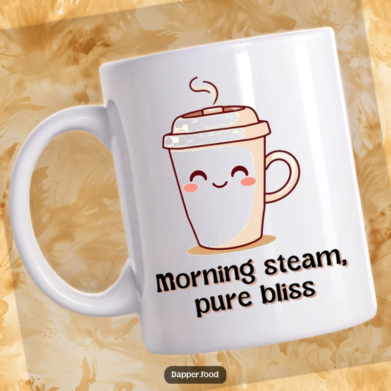 Funny coffee cup mug character with a lid-hat joyfully spilling steam, representing warm morning greetings and happiness.
