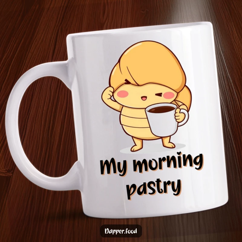 Funny mug showing a determined croissant striking a dramatic pose, holding a tiny coffee cup, embodying morning motivation.