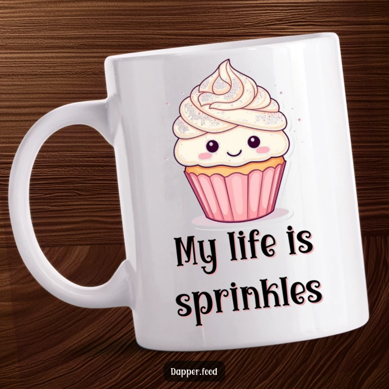 Funny cupcake mug with colorful frosting hair showering in confetti, expressing pure happiness and celebratory joy.