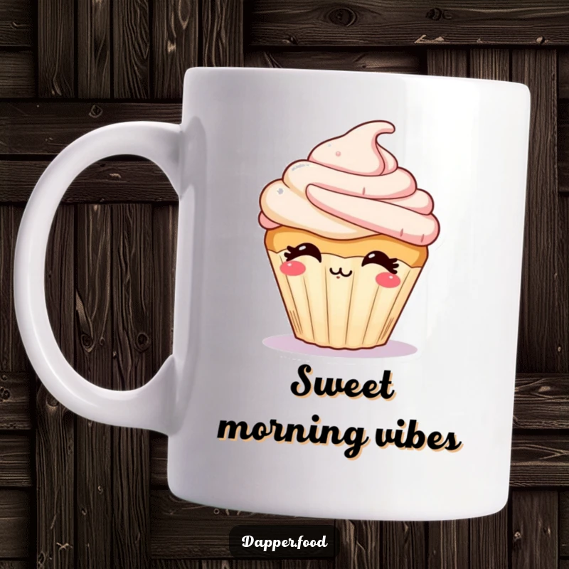 Funny mug featuring a giggling cupcake character with luscious frosting, playfully blowing a kiss.