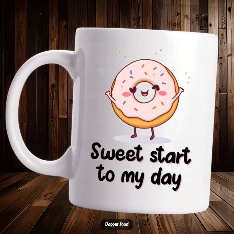 Funny Donut Dance Mug: A happy donut character dancing with sprinkles showering down, a sweet and funny gift.