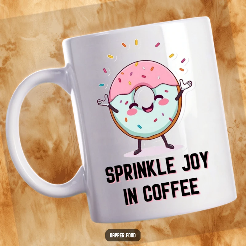 Funny donut mug featuring a cheerful donut character joyfully juggling colorful sprinkles, a delightful sugary scene.