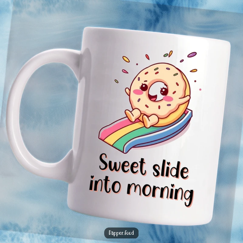 Funny mug showing a cheerful donut character with flying sprinkles sliding down a rainbow, a delightful and sweet design.
