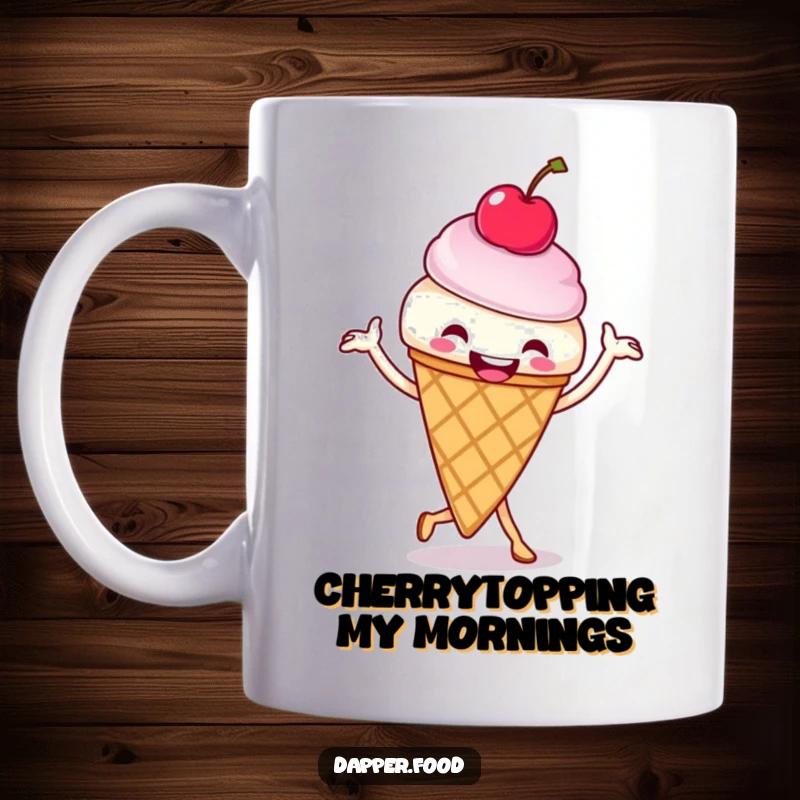 Funny ice cream cone mug with a cherry on top doing a joyful jig, spreading happiness and silliness. A perfect funny gift.