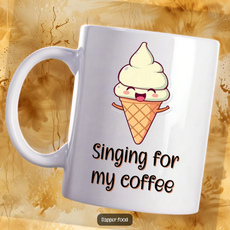 Funny Ice Cream Cone Mug: A joyous ice cream cone character tilted as if singing, radiating happiness and fun.