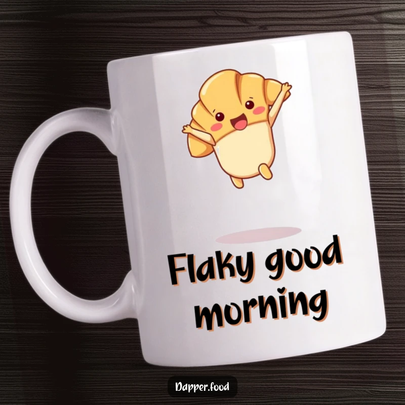 Funny Kawaii croissant character joyfully performing a cartwheel in mid-air with a happy expression, printed on a mug.