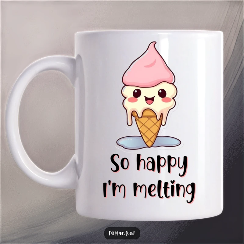 Funny Kawaii ice cream cone mug featuring a cute character melting slightly from overwhelming happiness.