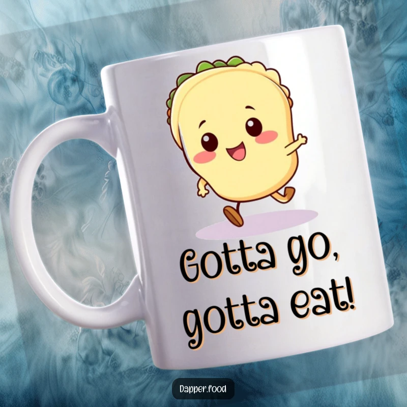 Funny Kawaii taco mug featuring a cute taco character with tiny legs joyfully running, showcasing pure excitement.