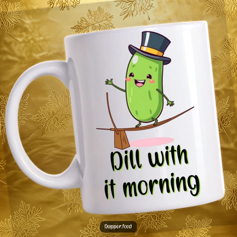 Funny Mug: A grinning anthropomorphic pickle character in a top hat wobbles precariously on a tightrope, a humorous and daring design.