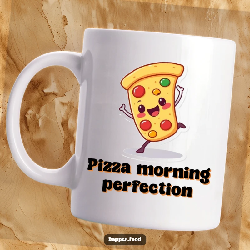 Funny mug showing a happy pizza character doing a cartwheel with wobbling toppings, a comical and delicious design.