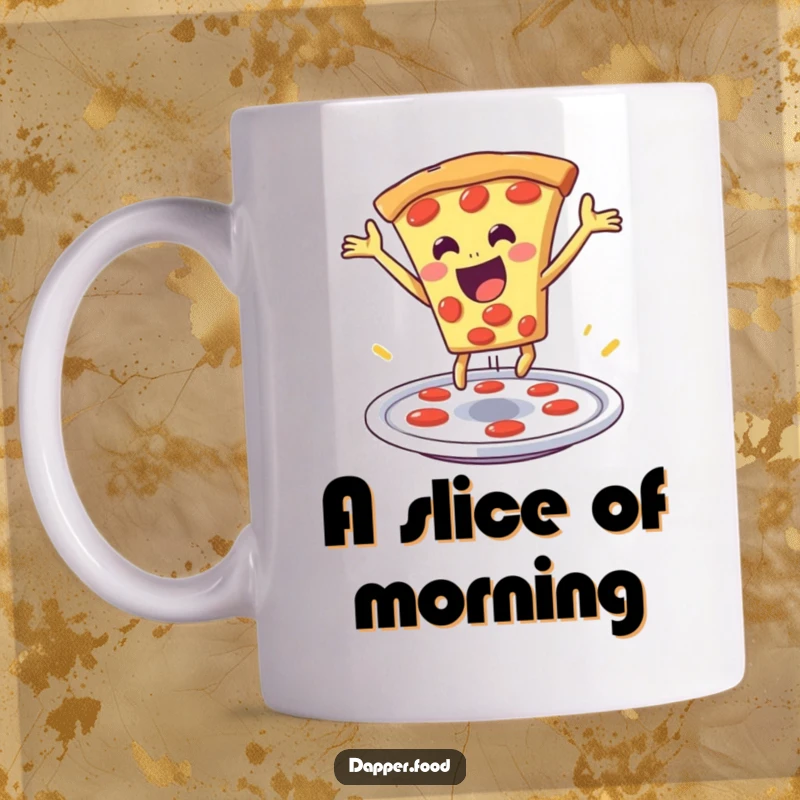 Funny pizza mug featuring a delighted slice of pizza performing a dramatic leap from a plate, full of cheesy energy.