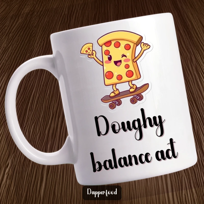 Funny mug featuring a smiling pizza slice character expertly balancing on a skateboard, one slice held high in a victorious pose.