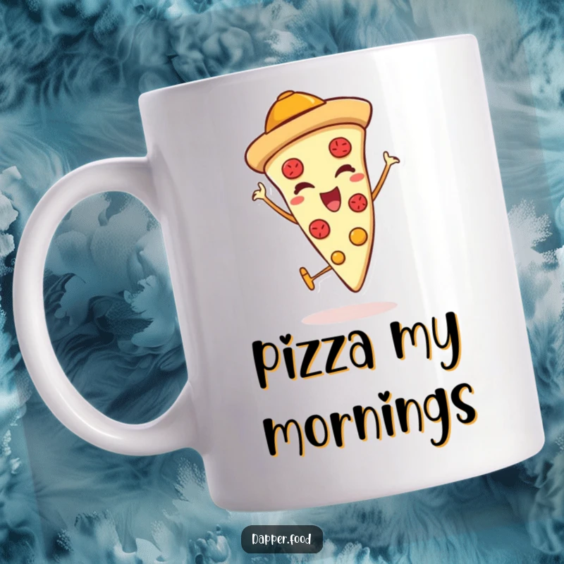 Funny mug depicting a pizza slice character wearing a jaunty hat, winking, and giving a confident thumbs up.