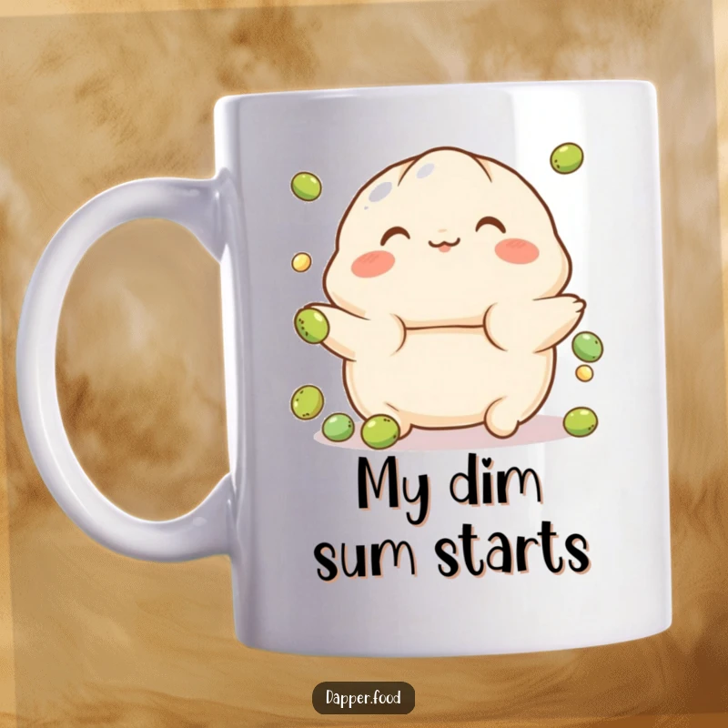 Funny mug showing a playful, rosy-cheeked dumpling character juggling small peas, an adorable and humorous gift.
