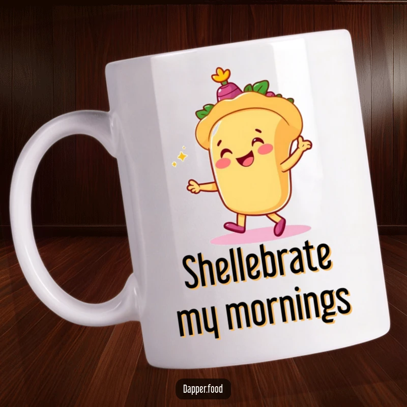 Funny mug featuring a smiling taco character enthusiastically dancing with tiny castanets, celebrating with pure joy and vibrant energy.
