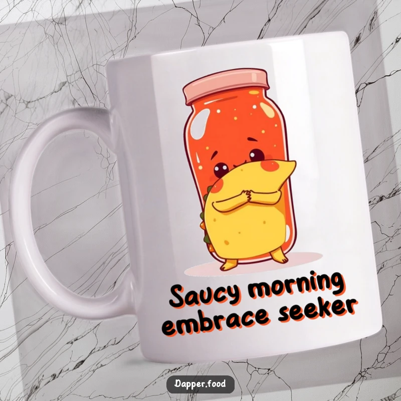 Funny mug showing a curious taco trying to hug a large jar of salsa, expressing a desire for closeness.